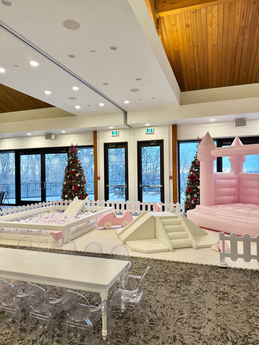 10ft Acrylic Ball Pit + Pyramid Climber + 8ft Pink Castle